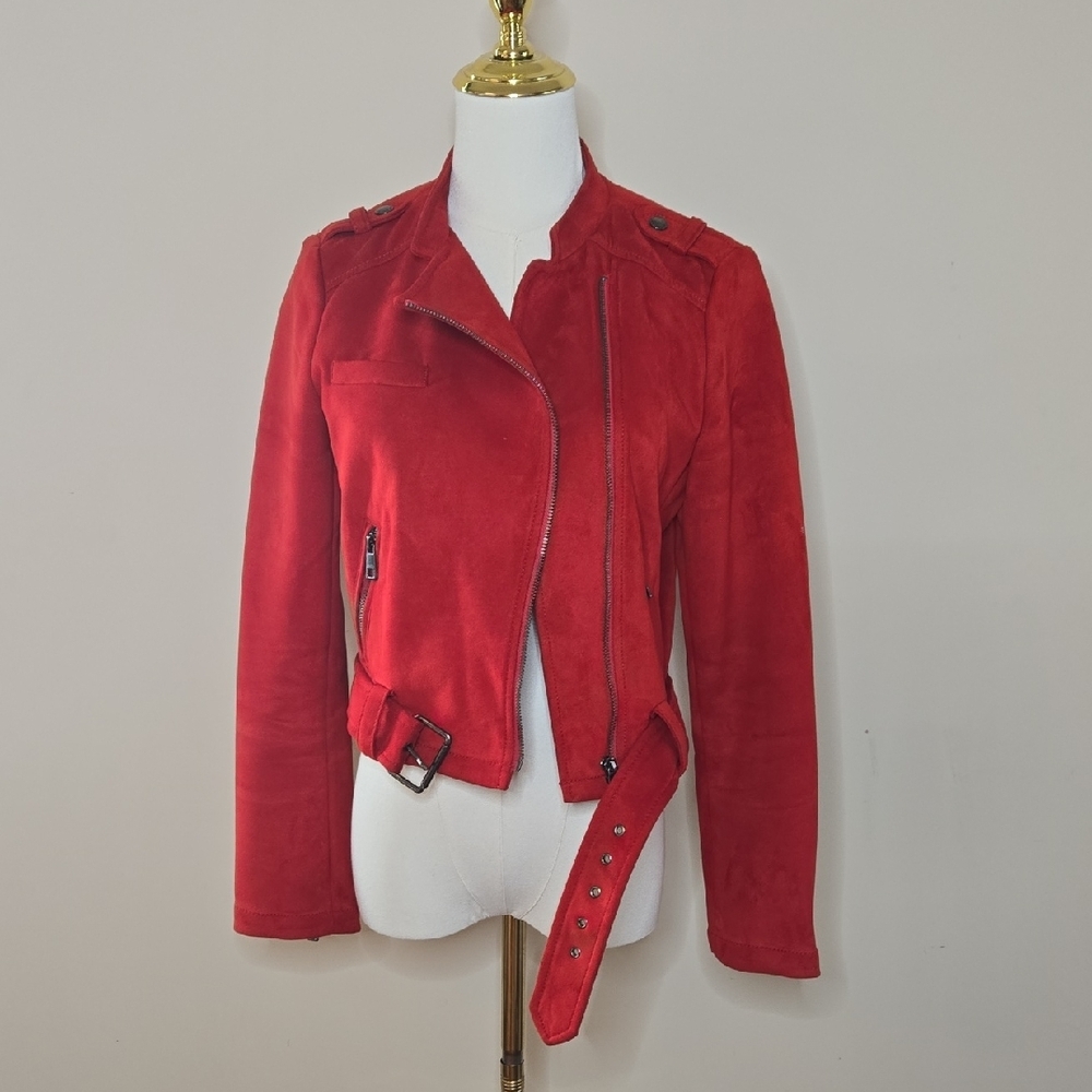 Banana Republic Red Vegan Suede Moto Jacket XS Bold Classic Layer Quiet Luxury